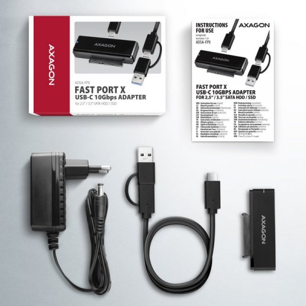 AXAGON ADSA-FPX Adapter USB-C 10Gbps SATA 6G 2.5&quot;/3.5&quot; SSD/HDD FASTPORT X, w tym zasilacz, 60cm USB-C/USB-A kabel
