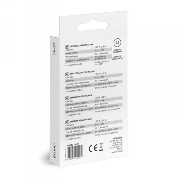 Savio Adapter bezprzewodowy CarPlay & Android Auto TR-17