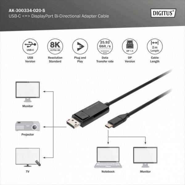 Digitus Kabel adapter USB Typ C/DisplayPort dwukierunkowy 8K 30Hz 2m