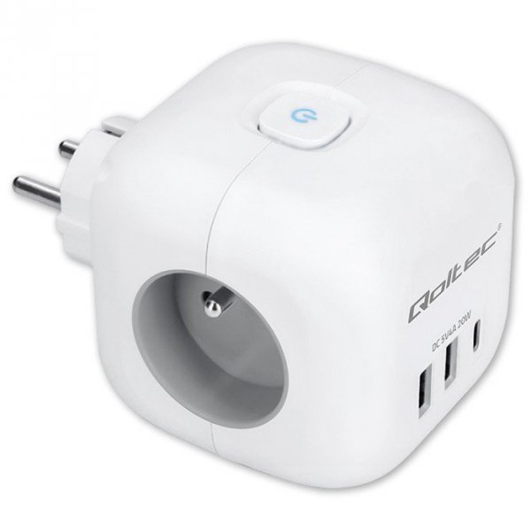 Qoltec Kostka zasilająca przedłużacz 6w1 z podświetlanym włącznikiem | 3x AC | 2x USB | 1x USB-C PD 20W | biała
