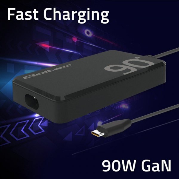 Qoltec Ładowarka sieciowa 90W GaN Fast SLIM | PD | 5-20V | 4.5A | USB-C 3.1 | Laptop | MacBook | Smartfon | +kabel