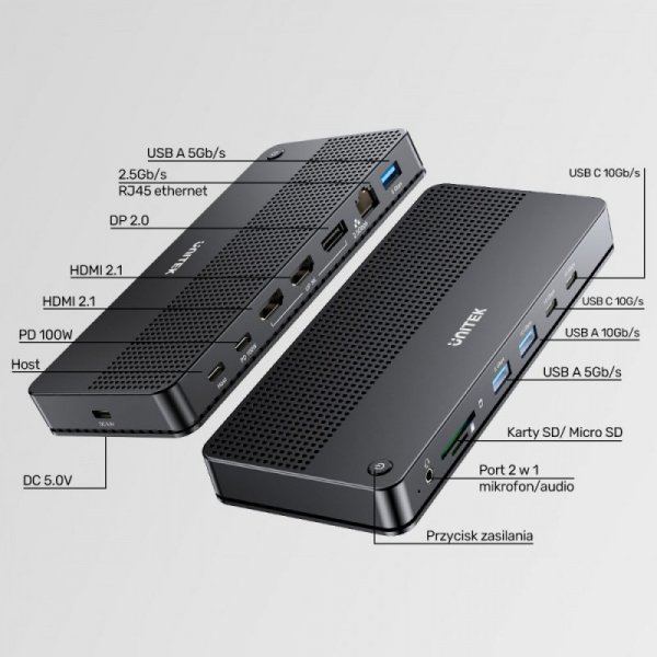 Unitek Stacja dokująca 13w1 USB-C, HDMI 2.1,DP 2.0,RJ45,10GBPs;D1104A01