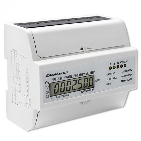 Qoltec Trójfazowy dwukierunkowy elektroniczny licznik | miernik zużycia energii na szynę DIN | 400V | 100A | LCD | 4P