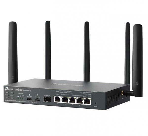 TP-LINK Brama sieciowa gigabitowa ER706WP-4G Omada 4G+ Cat6 AX3000 VPN 4-Port PoE+ 1× Gigabit SFP WAN/LAN, 1× Gigabit RJ45 WAN, 