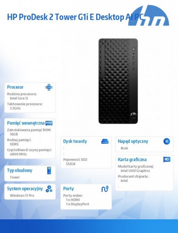 HP Inc. Komputer ProDesk 2 Tower G1i E i3-14100 512GB/16GB/W11P B6ZC8ET