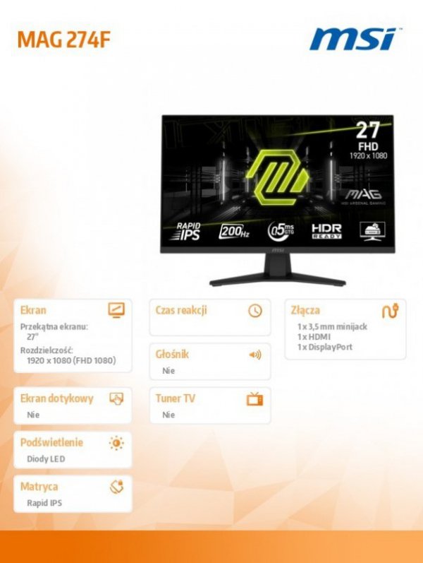 MSI Monitor MAG 274F 27 cali/LED/FHD/Flat/200Hz/czarny