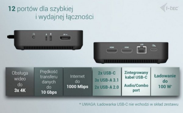 i-tec Stacja dokująca USB-C DP Dual HDMI Power Delivery 100W + Uniwersalna Ładowarka 100W