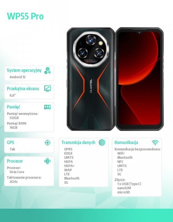 OUKITEL Smartfon WP55 Pro 5G 16/512GB IP69K Pomarańczowy