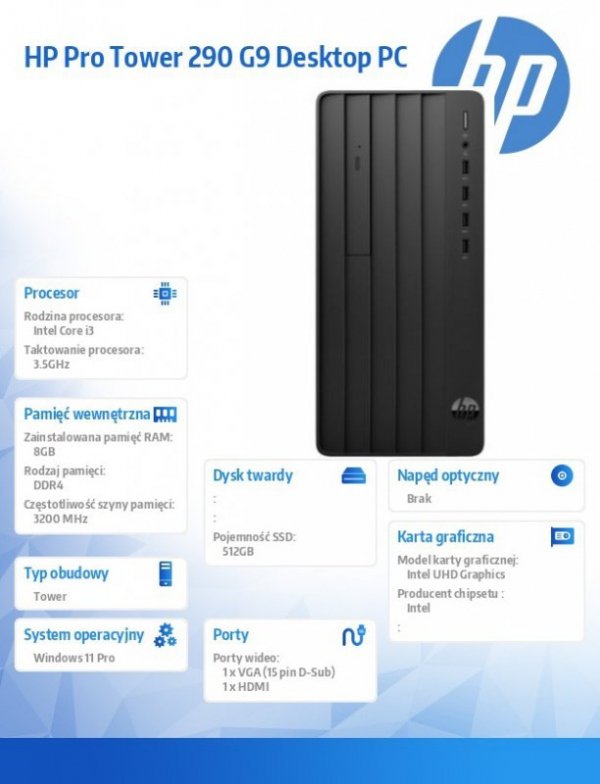 HP Inc. Komputer Pro Tower 290 G9 i3-14100 512GB/8GB/W11P       B6ZA9ET