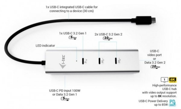 i-tec HUB USB-C Charging Metal 5 port with USB-C video 8K + Power Delivery 85W