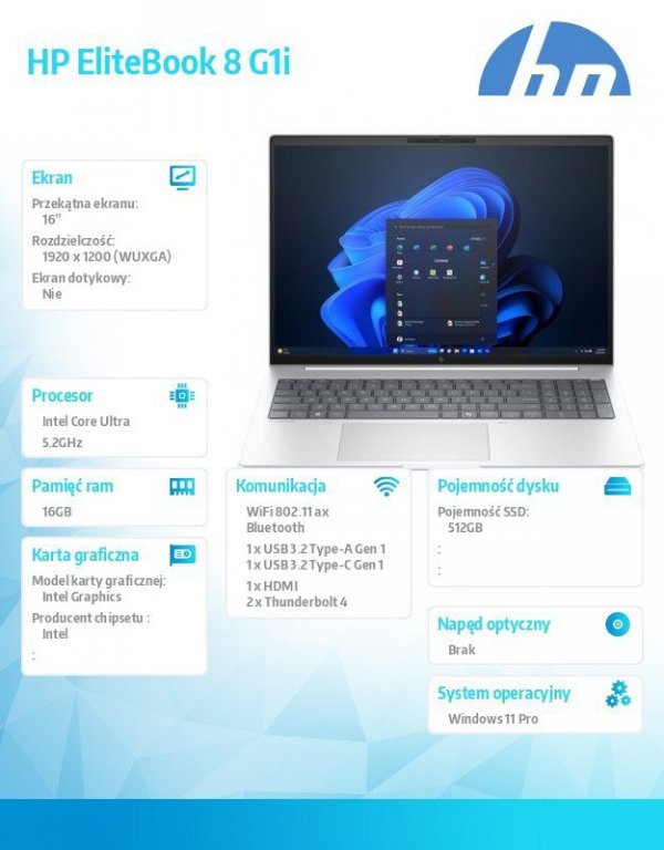 HP Inc. Notebook EliteBook 8 G1i U7-255U 512GB/16GB/W11P/16cali   C51LLET