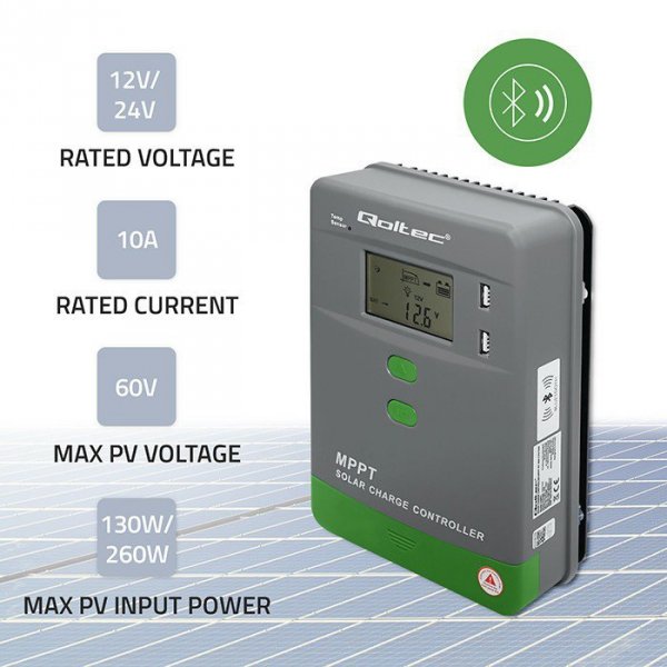 Qoltec Solarny regulator ładowania MPPT z czujnikiem temperatury 10A |  12V/24V | LCD | 2xUSB | Bluetooth | APP | GEL | LiFePO4