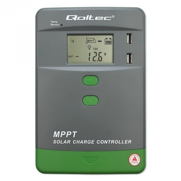 Qoltec Solarny regulator ładowania MPPT z czujnikiem temperatury 10A |  12V/24V | LCD | 2xUSB | Bluetooth | APP | GEL | LiFePO4