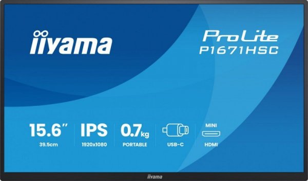 IIYAMA Monitor 15.6 cala P1671HSC-B1 IPS,FHD,miniHDMI,2xUSBC,250cd,8ms,2x1W,  0,7kg