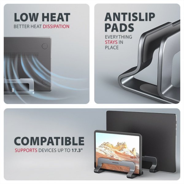 AXAGON STND-VG Podstawa do laptopów aluminiowa 10-17,3 cala pionowa, Szara