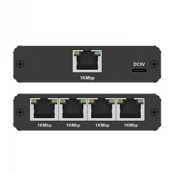 Qoltec Rozdzielacz splitter Ethernet  mini SWITCH 1x4 RJ45 | 1000Mb/s | USB-C | Aluminium