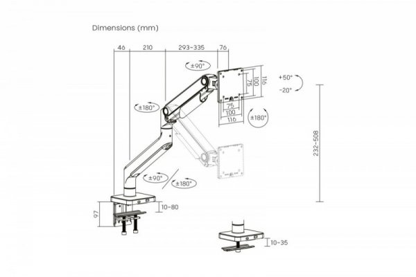 Digitus Ramię biurkowe pojedyncze z zaciskiem i sprężyną mechaniczną 1x LCD max. 49" 20kg, VESA: 75x75, 100x100, czarne