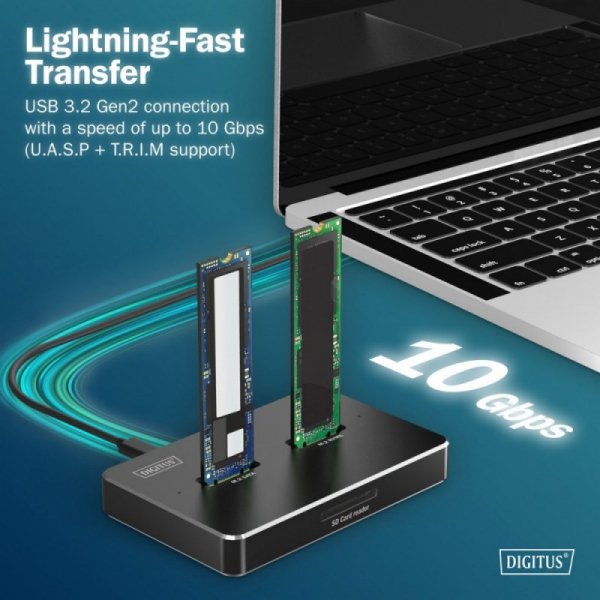 Digitus Stacja dokująca dysków | USB-C 3.2 Gen2 10Gbps | SSD M.2 NVMe + SATA (max. 2x 4TB) | Czytnik kart SD-Express 7.1 (max. 2