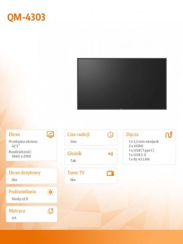 AG NEOVO Monitor wielkoformatowy 43 cale QM-4303 4K VA UHD 24/7 500NIT