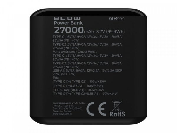 BLOW PowerBank AIR99.9 PD+QC 140W 27000mAh Czarny
