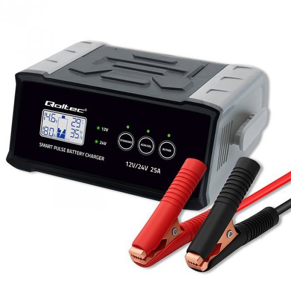 Qoltec Mikroprocesorowa ładowarka 12V 24V 25A | Prostownik z funkcją naprawy do akumulatora AGM GEL SLA | LCD