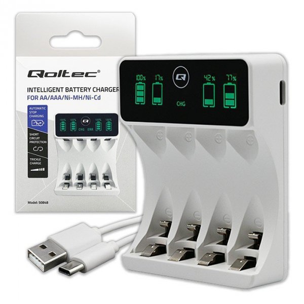 Qoltec Ładowarka do akumulatorków Ni-MH typu R03 AAA R6 AA | LCD | kabelUSB-C | Biała