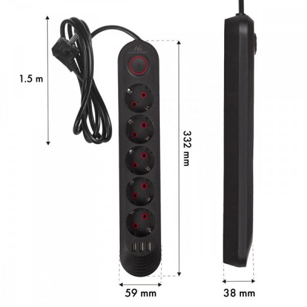 Maclean Listwa zasilająca MCE395 B 5 gniazd 3xUSB, 110-240V AC 50/60Hz, 2.1A max 2500W, czarna