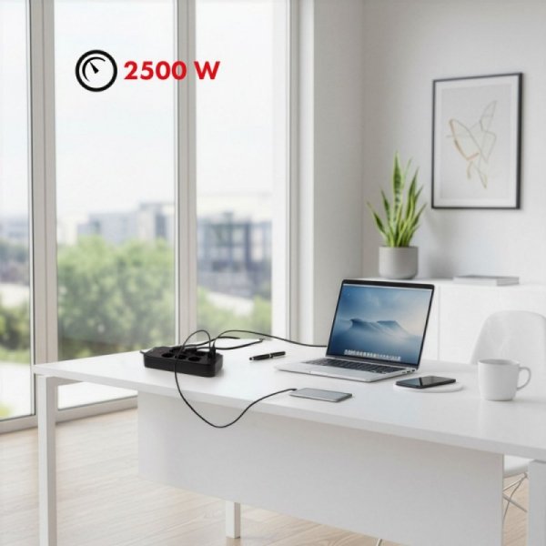 Maclean Listwa zasilająca MCE391 B 6 gniazd 4xUSB-A 1xUSB-C, 110-240V AC 50/60Hz, 2.1A max 2500W, czarna