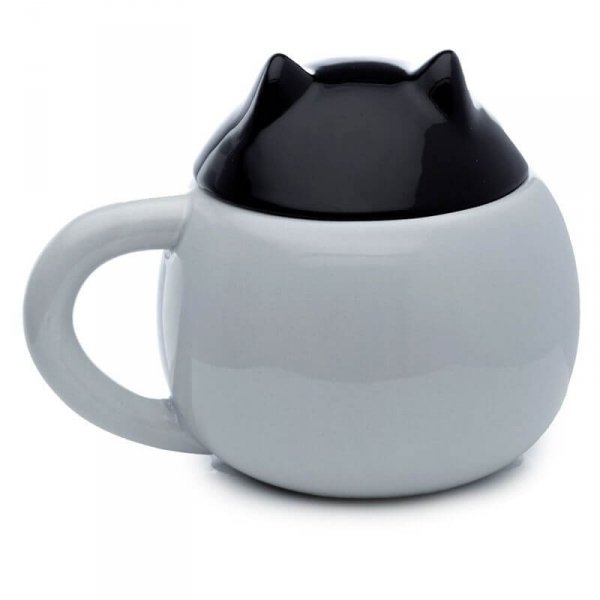 Czarny Kot - porcelanowy kubek z pokrywką - kotek siedzący w kubku