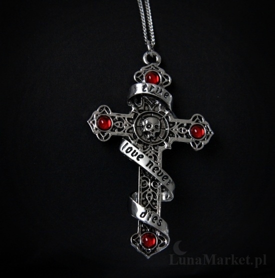 gotycki naszyjnik Infinitas - Krzyż z Czaszką &quot;Prawdziwa Miłość Nie Umiera&quot;