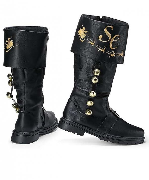 Buty Świętego Mikołaja – czarne kozaki z haftem SC i dzwonkami, front