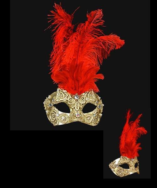Maska wenecka - Colombina Piume Macramè Gold Red