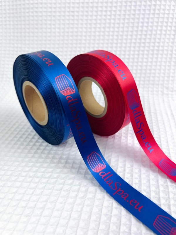 Wstążka satynowa kolorowa z logo w kolorze metalicznym