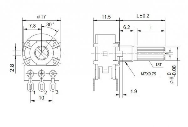Potentiometer stereo 2x10k/B linear panel, standard
