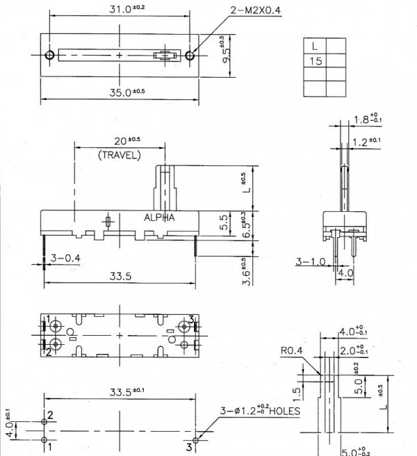 Alpha slide 20mm 100k W-taper center click