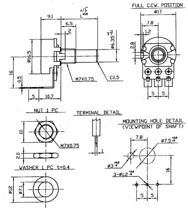 Alpha 10k W-taper PCB-V Long pins (oś 6,3mm)