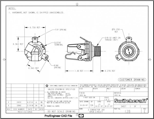 Gniazdo Jack Switchcraft 6,3mm Metal Stereo SC-12B