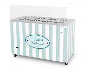 Dystrybutor do lodów | witryna do lodów | konserwator | retro | 8 tub | okrągłe kuwety | 1283x670x895 mm | GELATO POZETTI 8 PASTEL BLUE