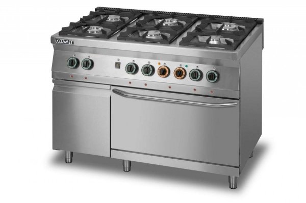 Kuchnia gazowa 6-palnikowa z piekarnikiem elektrycznym z termoobiegiem GN2/1 i szafką L900.KG6 PET+SD Lozamet