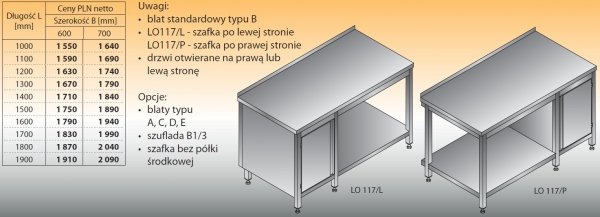 Stół roboczy z szafką i półką lo 117/l; lo 117/p 1300/600