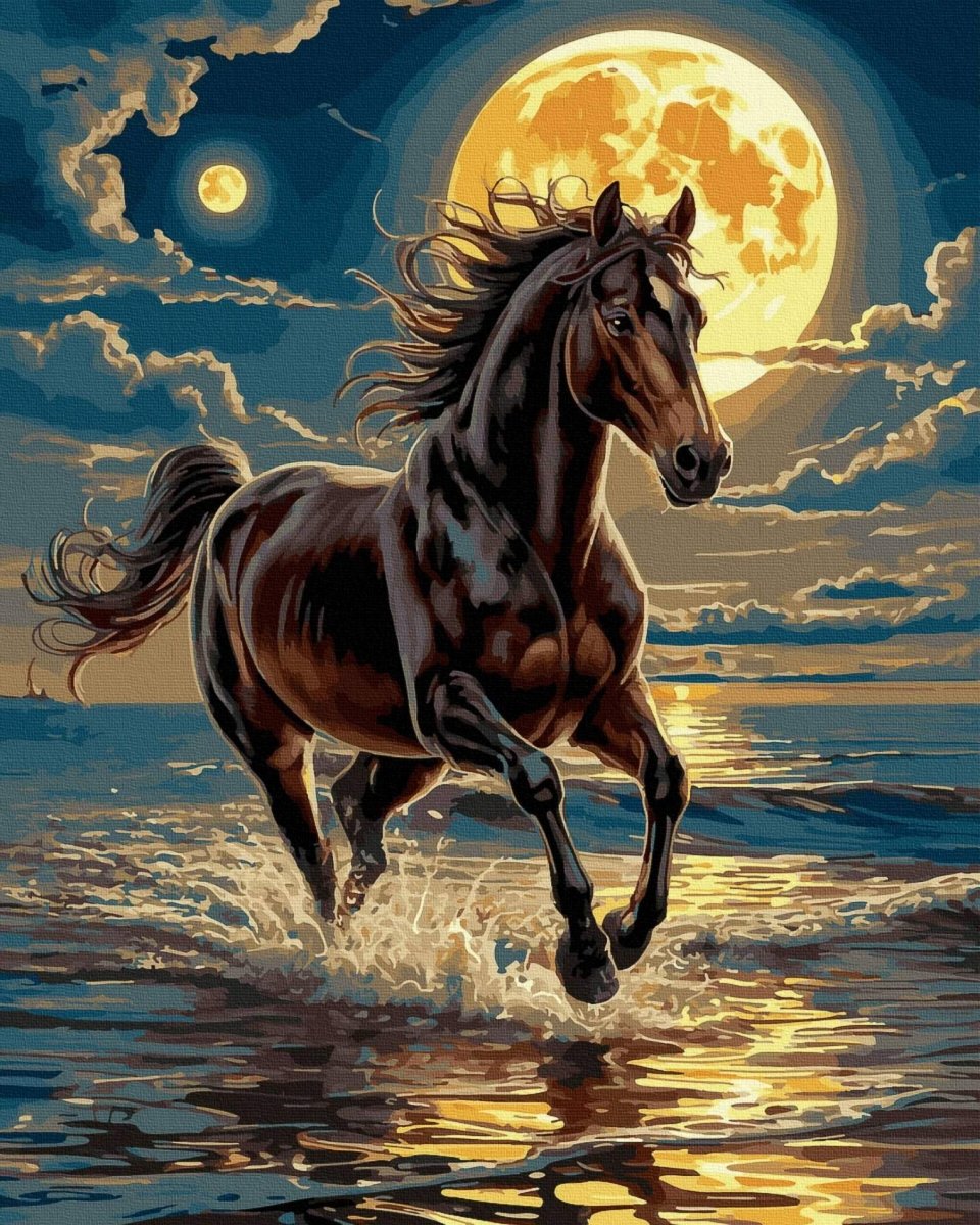 Malowanie Po Numerach Zestaw Koń i Księżyc 40x50 Złota Farba 