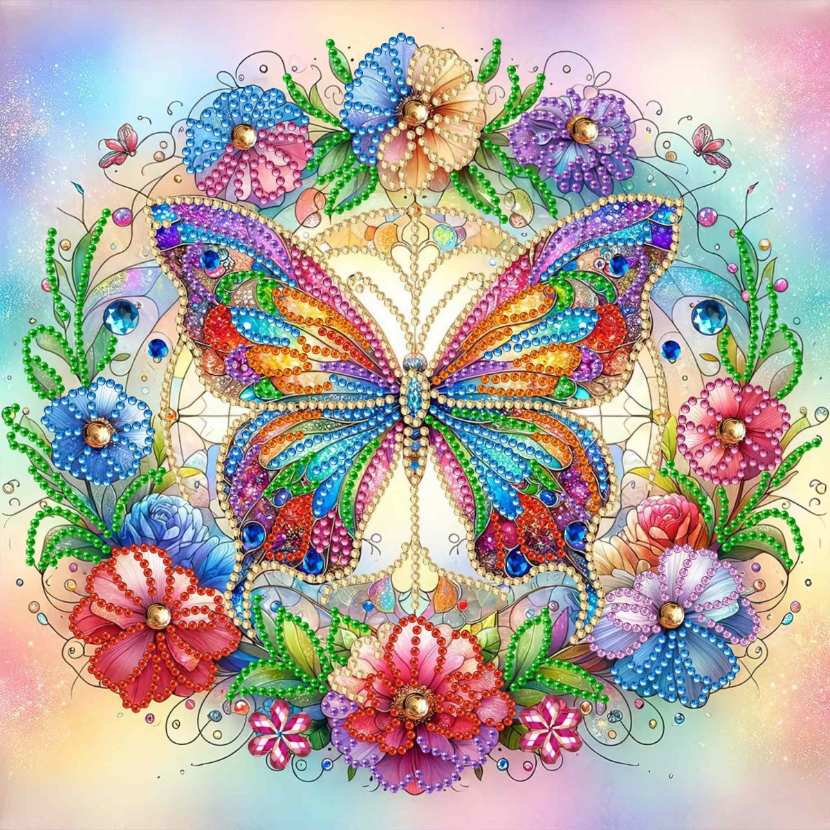 Haft Diamentowy Motyl wśród Kwiatów 30x30 cm