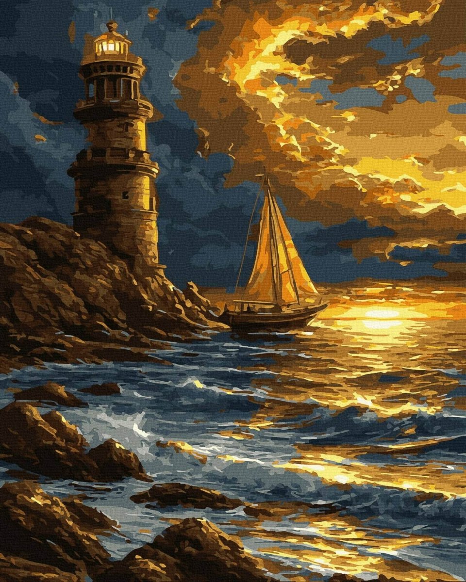 Malowanie Po Numerach Zestaw Latarnia o Zmierzchu 40x50 Złota Farba