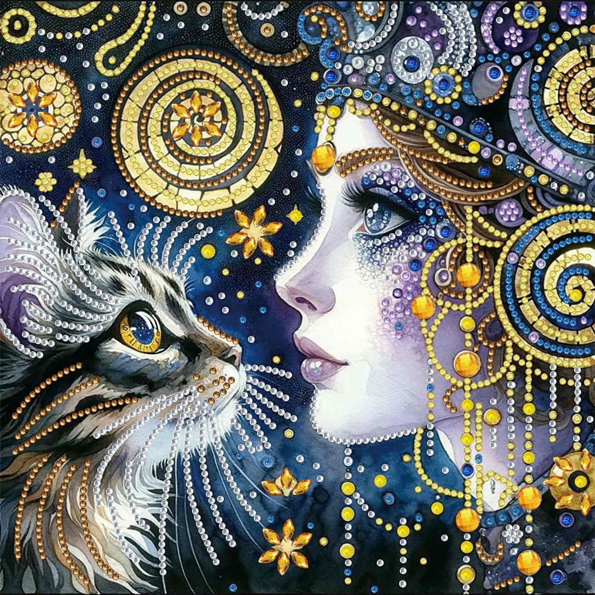 Haft Diamentowy Kobieta i Kot - Magia Nocy 30x30 cm
