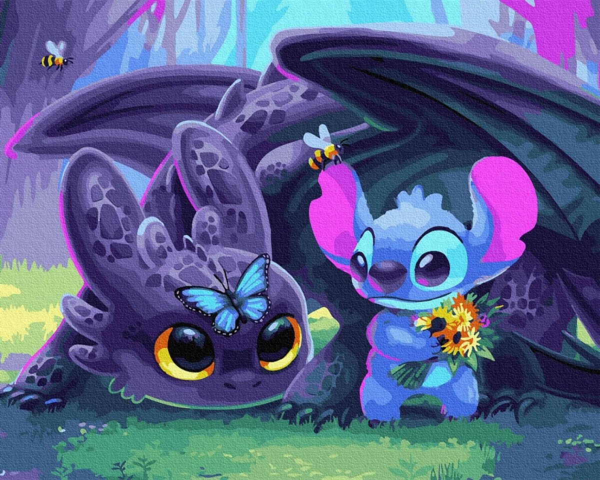Malowanie Po Numerach Zestaw Stitch i Bezzubik 40x50