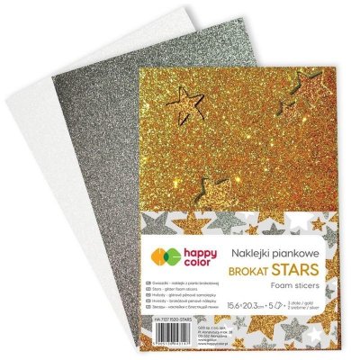 Naklejki brokatowe A5 Gwiazdki, 3 ark (srebrny, złoty, biały), Happy Color