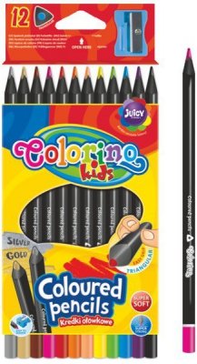 Kredki 12-kol. trójkątne czarne drewno + temperówka, Colorino Kids