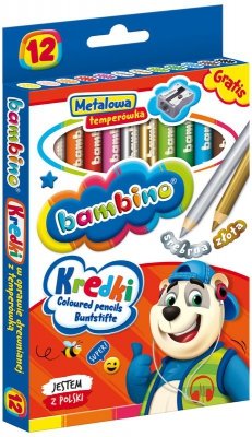 Kredki 12-kol. 15 cm Jumbo drewniane Bambino + temperówka, St.Majewski
