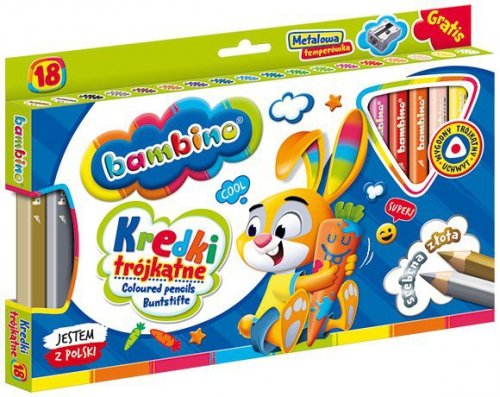 Kredki 18-kol. 15 cm Jumbo drewniane trójkątne + temperówka Bambino, St.Majewski