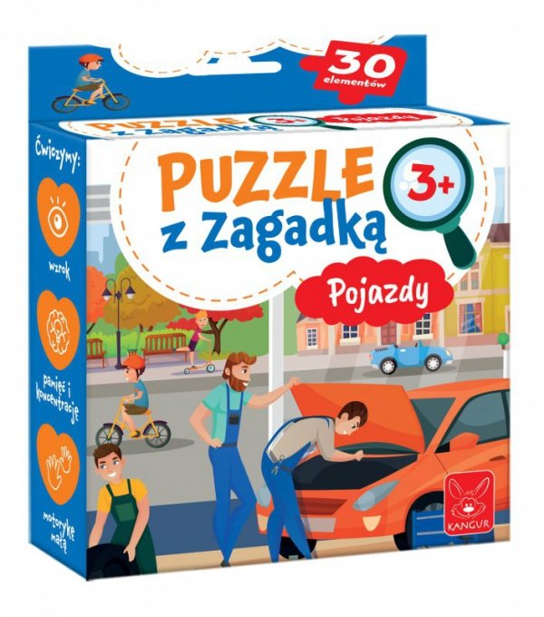 Puzzle z zagadką. Pojazdy 3+
